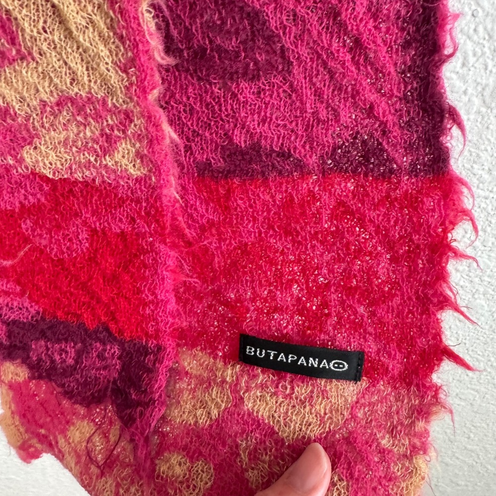 Butapana Japan Pink Floral Patchwork Knit Scarf Fuzzy Magenta Wool Boho - Picture 2 of 5